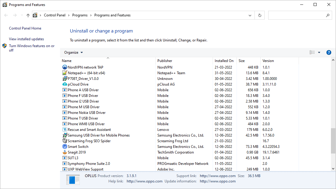 Program Features Oppo USB Driver Removed