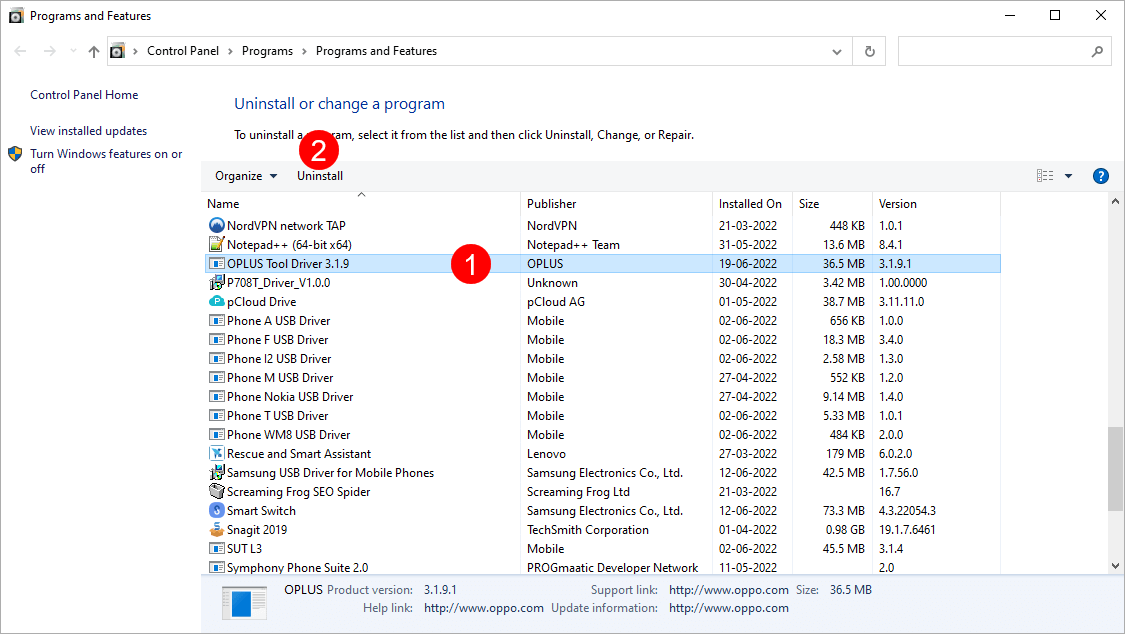 Program and Features Oppo USB Driver Uninstall
